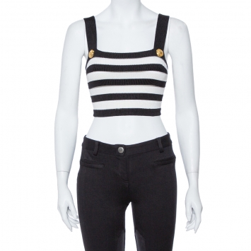 Pre Owned Balmain Monochrome Striped Knit Crop Top S