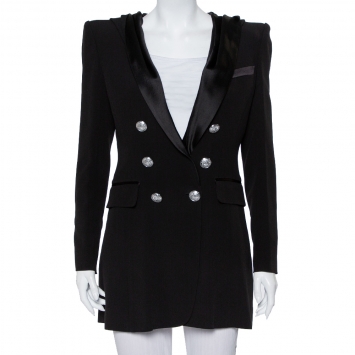 Pre Owned Balmain Black Crepe Double Breasted Hooded Mini Dress M