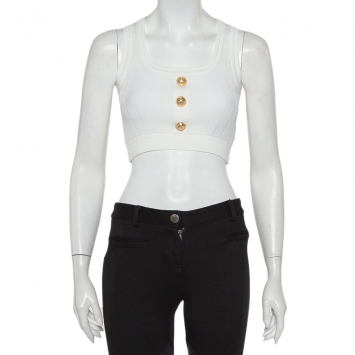 Pre Owned Balmain White Rib Knit Button Embellished Sleeveless Crop Top S