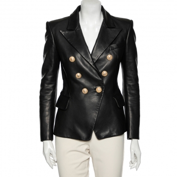 Pre Owned Balmain Black Leather Double Breasted Blazer M