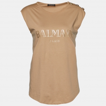 Pre Owned Balmain Dark Beige Logo Print Cotton Button Detail Tank Top M
