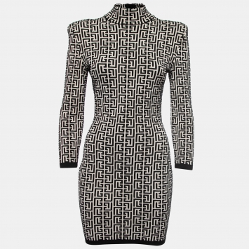 Pre Owned Balmain Monochrome Patterned Jacquard Wool Short Dress M