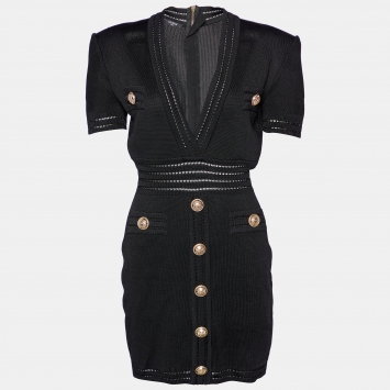 Pre Owned Balmain Black Pique Knit V-Neck Bodycon Dress M