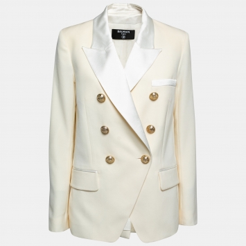 Pre Owned Balmain Cream Wool Double-Breasted Blazer M