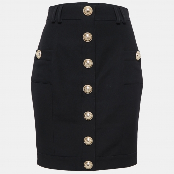 Pre Owned Balmain Black Crepe Button-Embellished Mini Skirt S