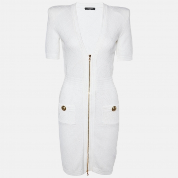 Pre Owned Balmain White Jacquard Knit Zip Front Short Dress S