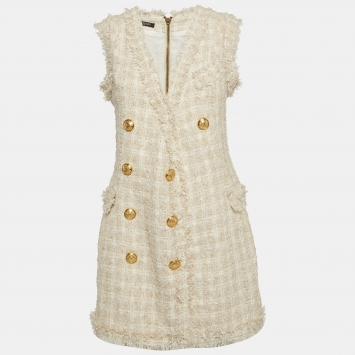 Pre Owned Balmain Off White Tweed Sleeveless Double Breasted Mini Dress S