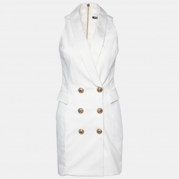 Pre Owned Balmain White Cotton Double Breasted Mini Dress S