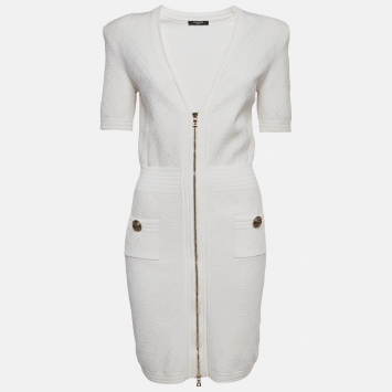 Pre Owned Balmain White Patterned Knit Zip Front Short Dress M