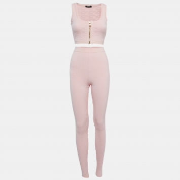 Pre Owned Balmain Pink Embossed Wool Blend Active Wear Set S