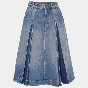 Pre Owned Balmain Blue Denim Pleated Midi Skirt S
