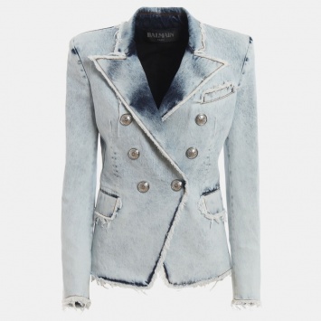 Pre Owned Balmain Blue Distressed Denim Buttoned Double Breasted Jacket L