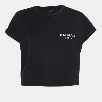 Pre Owned Balmain Black Logo Printed Cotton Knit Crop Top M
