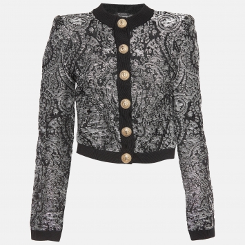 Pre Owned Balmain Black/Silver Lurex Knit Cropped Cardigan S