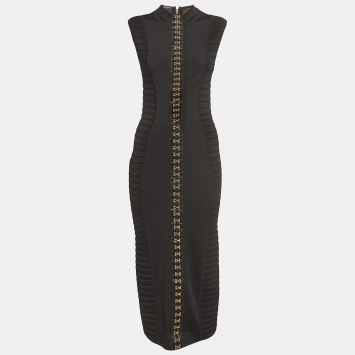 Pre Owned Balmain Black Stretch Knit Hook Detail Bodycon Midi Dress M
