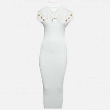 Pre Owned Balmain White Mesh Insert Rib Knit Cut-Out Midi Dress M