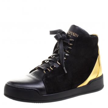 Pre Owned Balmain Gold Metallic Leather And Black Suede High Top Sneakers Size 37