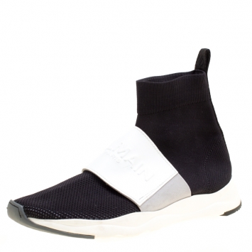 Pre Owned Balmain Black Stretch Knit And Mesh Cameron Embossed Logo High Top Sneakers Size 39.5