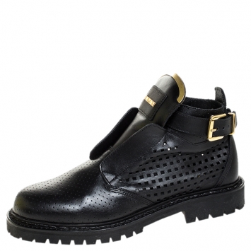 Pre Owned Balmain Black Perforated Leather Buckle Ankle Boots Size 41