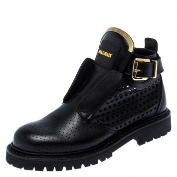 Pre Owned Balmain Black Perforated Leather Buckle Ankle Boots Size 36