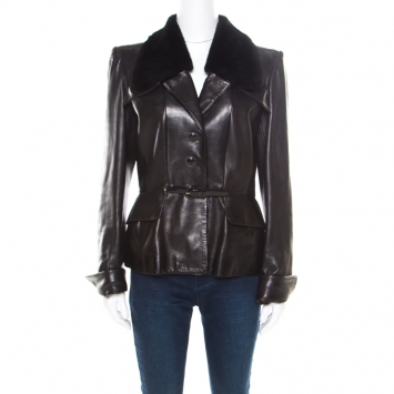 Pre Owned Barbara Bui Dark Brown Fur Collar Belted Leather Jacket L