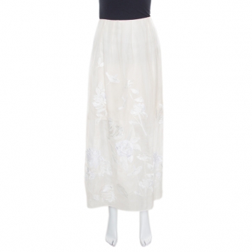 Pre Owned Blumarine Ivory Floral Embroidered Applique Detail Tulle Overlay Maxi Skirt XL
