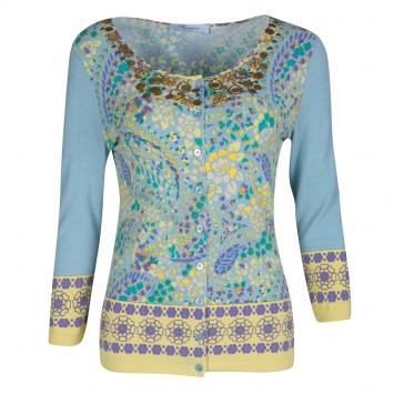 Pre Owned Blumarine Blue Floral Printed Knit Embellished Cardigan M