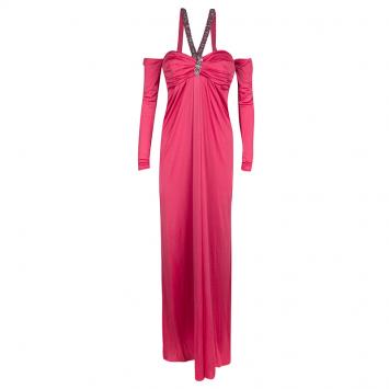 Pre Owned Blumarine Pink Knit Embellished Off Shoulder Maxi Dress M