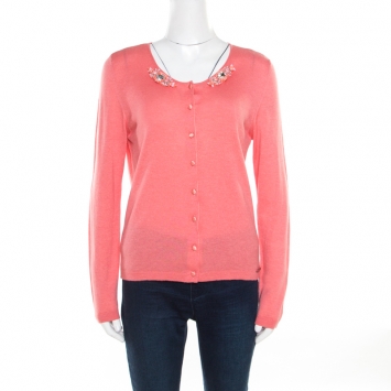 Pre Owned Blumarine Salmon Pink Cotton Silk Embellished Button Front Cardigan L