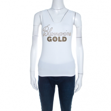 Blumarine White and Gold Embellished Stretch Cotton Sleeveless Top