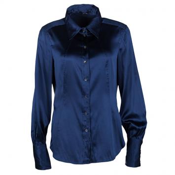 Pre Owned Boss by Hugo Boss Navy Blue Silk Satin Long Sleeve Button Front Shirt M