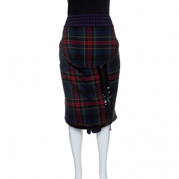 Pre Owned Boss Orange by Hugo Boss Multicolor Tartan Plaid Draped Zip Detail Skirt M