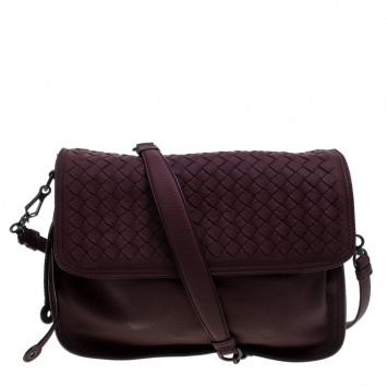 Pre Owned Bottega Veneta Burgundy Intrecciato Leather Drawstring Flap Shoulder Bag