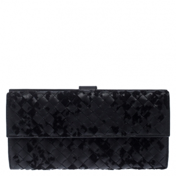 Pre Owned Bottega Veneta Black Intrecciato Leather and Suede Flap Wallet 