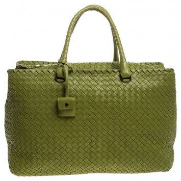 Pre Owned  Bottega Veneta Green Leather Intercciato Woven Tote