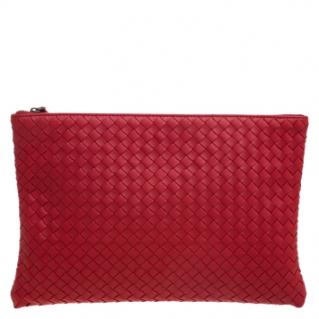 Pre Owned Bottega Veneta Red Intrecciato Woven Leather Large Pouch