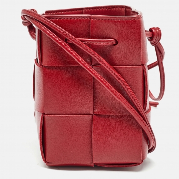 Pre Owned Bottega Veneta Red Intreccio Leather Mini Cassette Bucket Bag