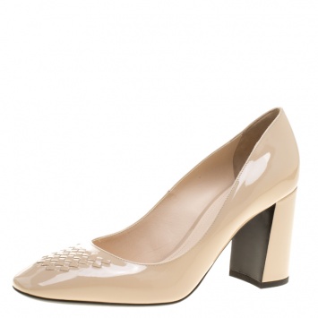 Pre Owned Bottega Veneta Beige Patent Leather Intrecciato Detail Block Heel Pumps Size 38.5