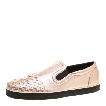 Pre Owned Bottega Veneta Metallic Pink Intrecciato Leather Slip On Sneakers Size 41