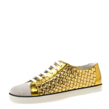 Pre Owned Bottega Veneta Metallic Gold Intrecciato Leather And Suede Cap Toe Low Top Sneakers Size 39.5