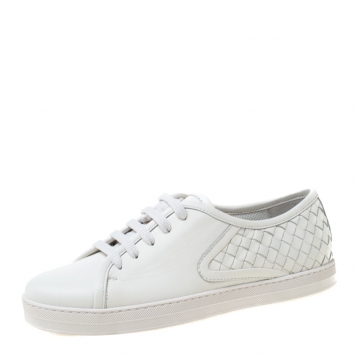 Pre Owned Bottega Veneta White Intrecciato Leather Sneakers Size 38