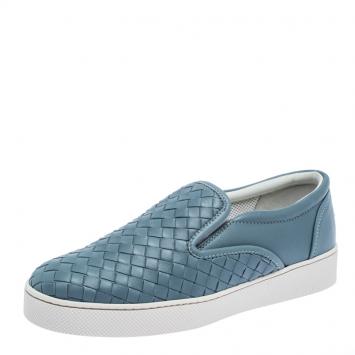 Pre Owned Bottega Veneta Blue Intrecciato Suede Slip On Sneakers Size 37
