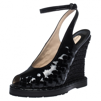 Pre Owned Bottega Veneta Black Patent Leather And Jute Intrecciato Wedge Ankle Wrap Peep Toe Sandals Size 37