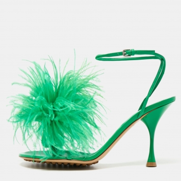 Pre Owned Bottega Veneta Green Leather and Fur Ankle Strap Sandals Size 39