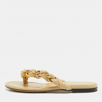 Pre Owned Bottega Veneta Beige Leather Dot Thong Flats Size 38