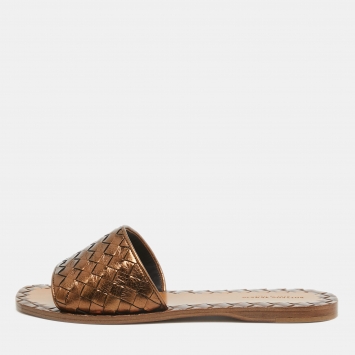 Pre Owned Bottega Veneta Metallic Bronze Leather Intrecciato Slide Flats Size 36.5