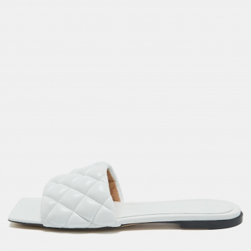 Pre Owned Bottega Veneta White Leather Flat Slides Size 40