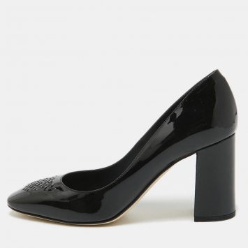 Pre Owned Bottega Veneta Black Patent Leather Intrecciato Detail Block Heel Pumps Size 38.5