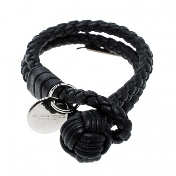 Pre Owned Bottega Veneta Black Intrecciato Nappa Leather Double Strand Bracelet XS