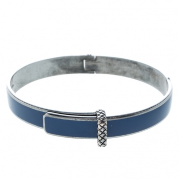 Pre Owned Bottega Veneta Intrecciato Blue Enamel Oxidized Silver Narrow Bracelet S